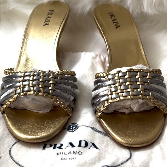 Prada Gold and Silver Leather Woven Wedge Wrapped Slip 🩶💛 - Picture 3 of 7
